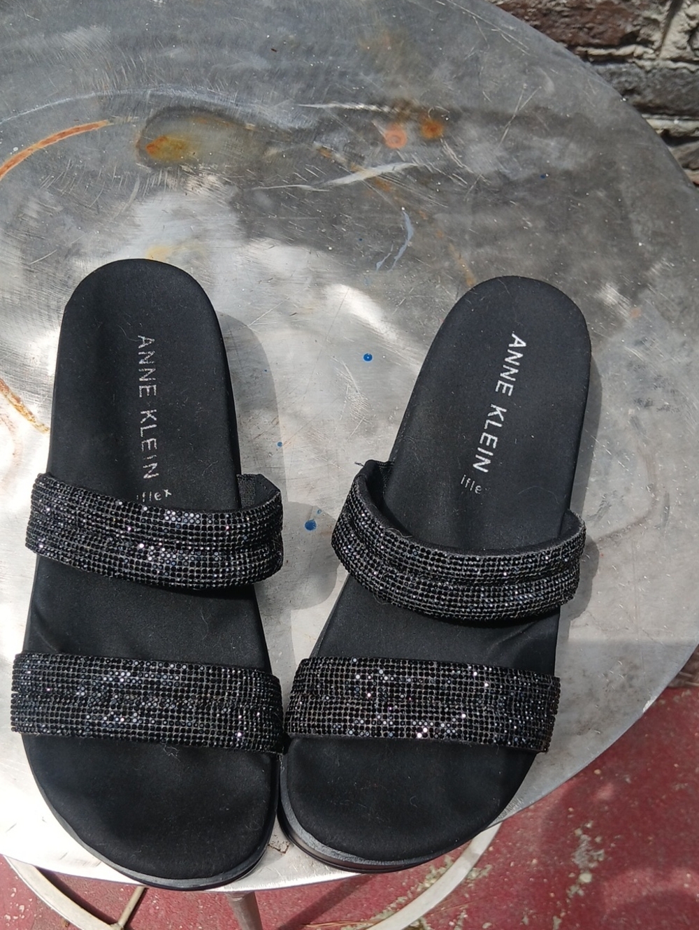Anne Klein Black Sparkle Double-Strap Slide Sandals